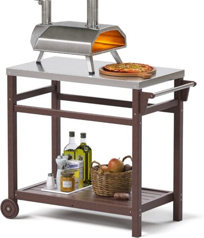TORVA Outdoor Prep Cart Dining Table for Pizza Oven, Patio Grilling Backyard BBQ Grill Cart (Brown Color)
