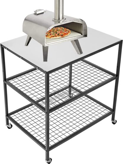 Three-Shelf Movable Food Prep and Work Cart Table Stainless Steel Grill Cart Modular Table with Wheels Commercial Kitchen Table Heavy Duty Grill Cart Outdoor Cart 31.5"×24"×35.5"