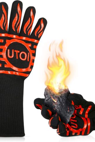 UTOI BBQ Grill Gloves, 1472°F Heat Resistant Barbecue Gloves Oven Mitts for Kitchen Garden BBQ Grilling and Outdoor Cooking Campfire, EN407 Certified, 1 Pair 13 inch Long Extra Forearm Protection
