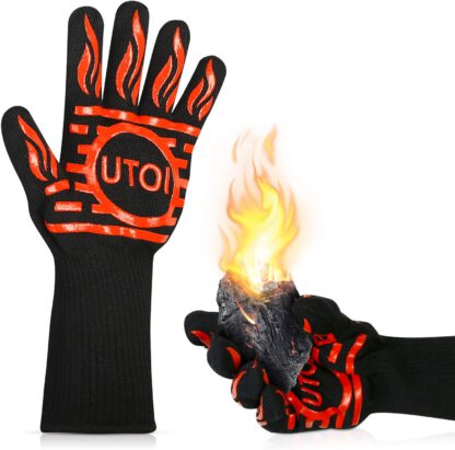 UTOI BBQ Grill Gloves, 1472°F Heat Resistant Barbecue Gloves Oven Mitts for Kitchen Garden BBQ Grilling and Outdoor Cooking Campfire, EN407 Certified, 1 Pair 13 inch Long Extra Forearm Protection