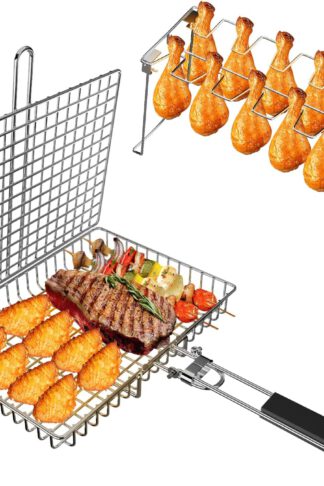VOXPOA Grill Accessories, Grill Basket and Grill Rack, Portable Folding Stainless Steel Fish Grilling Basket with Removable Handle for Vegetables Steak, Grill Rack for Smoker Grill or Oven