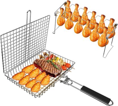 VOXPOA Grill Accessories, Grill Basket and Grill Rack, Portable Folding Stainless Steel Fish Grilling Basket with Removable Handle for Vegetables Steak, Grill Rack for Smoker Grill or Oven