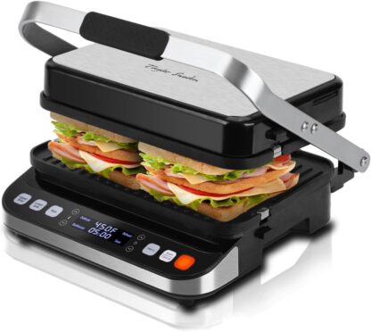 10 in 1 Panini Press Sandwich Maker, Taylor Swoden 1600W Electric Indoor Grill with Non-Stick Double Sided Plates, LED Touch Screen, Independent Temperature Control, Opens 180 Degrees, Stainless Steel