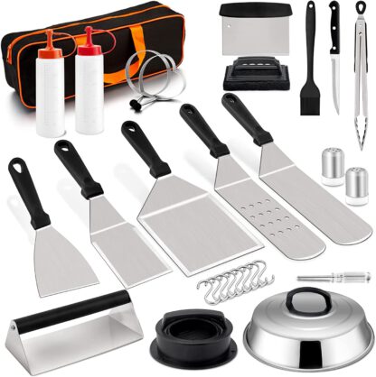 20Pcs Griddle Accessories Kit, HaSteeL Stainless Steel Flat Top Teppanyaki Tools Set for Indoor Outdoor BBQ Camping Cooking, Include Melting Dome, Bacon Press, Metal Spatulas, Scrapers, Easy to Clean