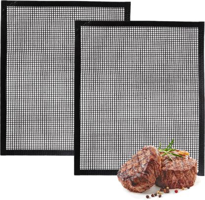 BBQ Mesh Grill Mats Reusable 2 Pack, 14" x 11" Non-Stick Grilling Mat for Fish Vegetables, Grill Accessories for Most Outdoor Grills & Smokers, Heat Resistant Grill Pad, Barbecue Sheet, Oven Liner