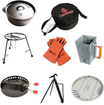 CampMaid Outdoor Cooking Set - Dutch Oven and Tools Set - Charcoal Holder & Cast Iron Grill Accessories - Camping Grill Set - Outdoor Cooking Essentials - Camp Kitchen Equipment - (8 Piece Set)