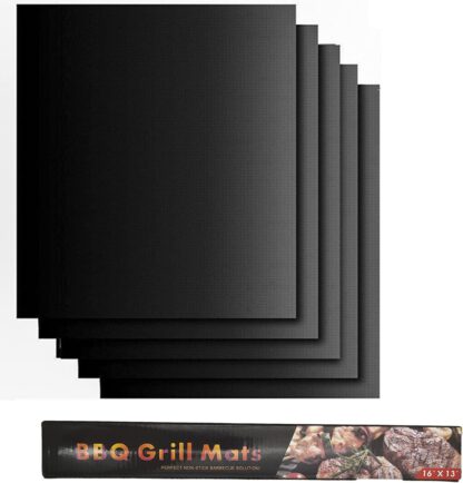 DRPORONYN Grill Mat , Set of 5 Non-Stick BBQ Grill Mats Grilling mat for Outdoor Grill ,Heavy Duty, Reusable, Easy to Clean , Works on Gas Charcoal and Electric BBQ ,15.75x13 inch - Black
