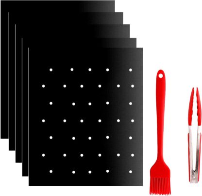 GAYISIC Grill Mat 7 PCS Non Stick with Holes Grilling Accessories for Outdoor Grill with Red Silicone Basting Brush and Kitchen Cooking Tongs for Barbecue Baking