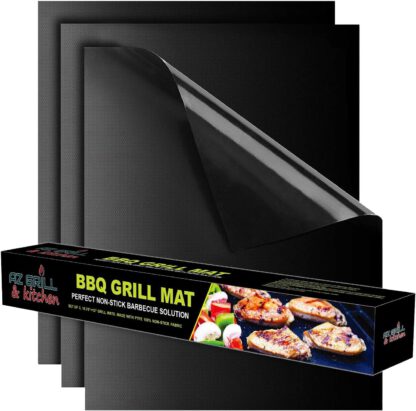 Grill mat Set of 3 - Non Stick BBQ Grill Sheets Reusable - Grill Pads Nonstick - Baking Grilling Mats compatible with Charcoal Gas Weber Charbroil Traeger Grills - Outdoor Barbecue Accessories Black