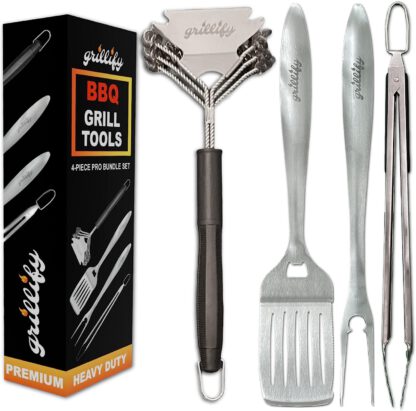 Grillify Pro Grill Accessories - 4PCS Heavy Duty Stainless Steel BBQ Tool Set - Bristle Free Cleaning Brush & Scraper - Barbecue Tongs, Spatula, Fork - Grilling Gifts for Men