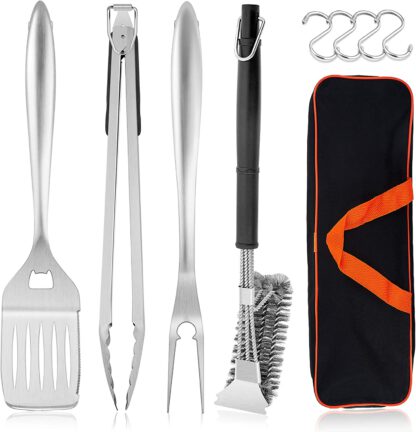 HaSteeL Grilling Utensil Set 18in, Stainless Steel BBQ Accessories Tools with Bag for Outdoor Cooking Camping, Heavy Duty Grill Spatula, Tong, Meat Fork, Basting Brush, Cleaning Brush, Man’s Gift