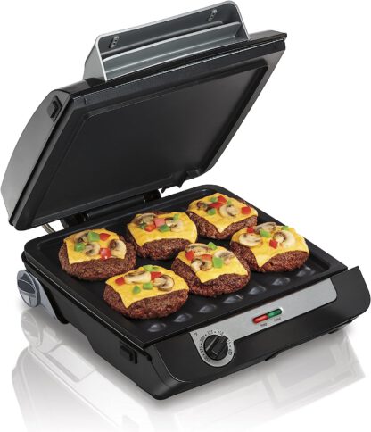 Hamilton Beach 4-in-1 Indoor Grill & Electric Griddle Combo with Bacon Cooker, Opens Flat to Double Cooking Surface, Removable Nonstick Plates, Black & Silver (25601)
