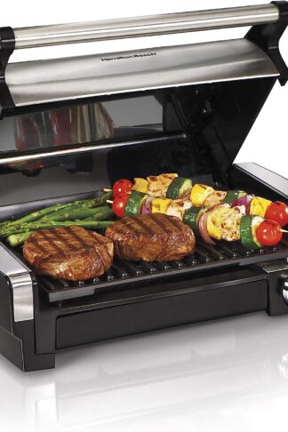 Removable Nonstick Grate, Electric Indoor Searing Grill with Adjustable Temperature Control to 450F, 118 sq. in. Surface Serves 6, Stainless Steel