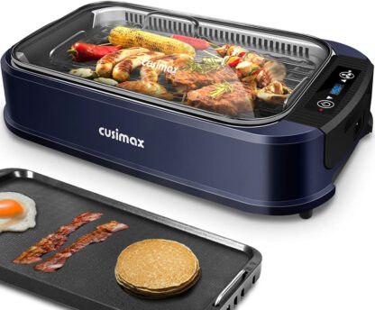 Indoor Grill Electric Grill Griddle CUSIMAX Smokeless Grill, Portable Korean BBQ Grill with Turbo Smoke Extractor Technology, Non-stick Removable Grill and Griddle Plates(Double Plates)
