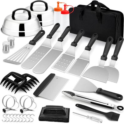 Joyfair 35Pcs Griddle Accessories Kit, Stainless Steel Flattop Grill Tool Set with Melting Domes, Professional Metal Turners for Outdoor BBQ Teppanyaki Camping Cooking, Heavy Duty & Dishwasher Safe