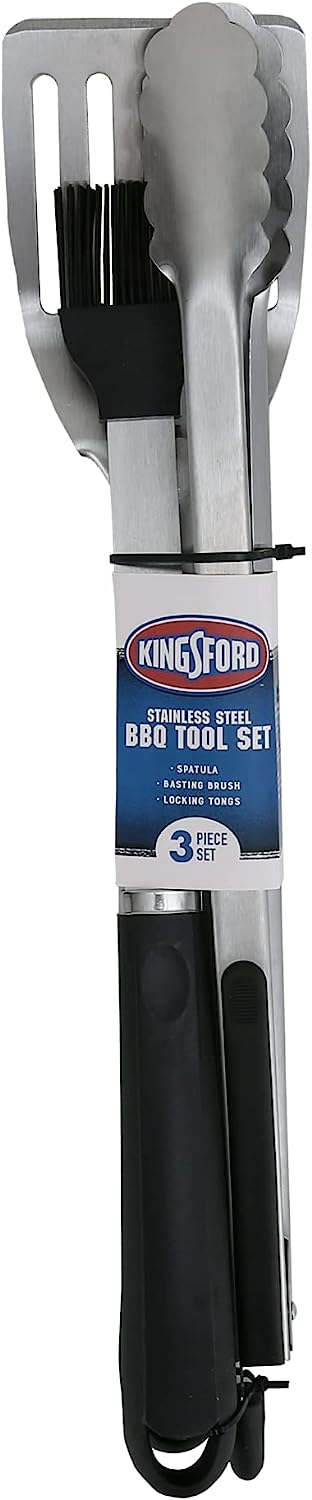 Kingsford Stainless Steel 3 Piece BBQ Tool Set, BBQ Tongs, BBQ Basting Brush, and BBQ Spatula, Rust Resistant Stainless Steel, Grilling Tools for All Grills
