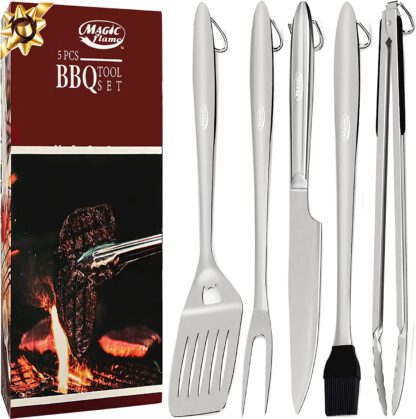 MAGIC FLAME 18'' Grill Set Heavy Duty Barbecue Accessories- Grill Set 5pc Grill Tools with Spatula, Fork, Knife, Brush & BBQ Tongs - Grill Gifts for Men, Stainless Steel Grill Tools