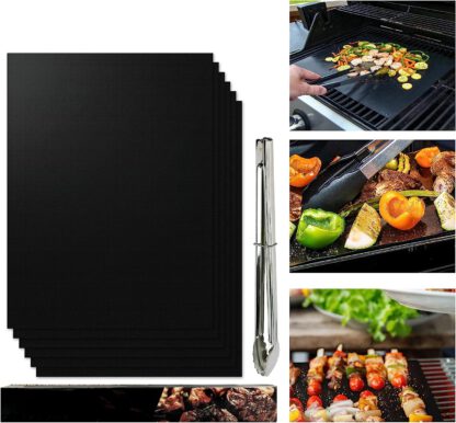 MIFADFAO Grill Mat for Outdoor Grill Non-Stick Set of 6 BBQ Grill Mats with Tongs, Reusable, and Easy to Clean Teflon BBQ Accessories Works on Electric Gas Charcoal BBQ -15.75 x 13-Inch, Black