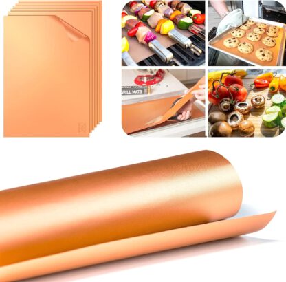 Non-Stick Copper Grill Mat Set & Baking Sheets - Pack of 5 Reusable BBQ Mats for Gas, Electric & Outdoor Grill - Multipurpose Easy To Clean Charcoal Grill Accessories (15.7 x 13 Inch)