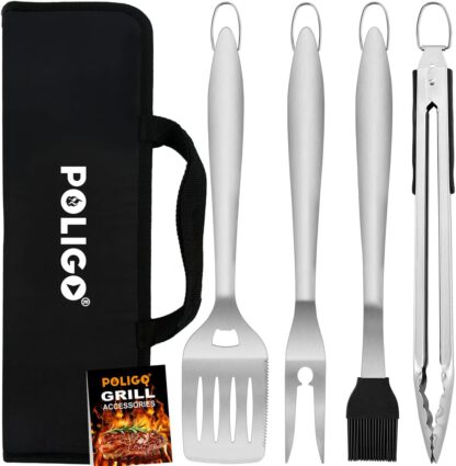 POLIGO 5PCS BBQ Grill Accessories for Outdoor Grill Set Stainless Steel Camping BBQ Tools Grilling Tools Set for Christmas Birthday Presents, Grill Utensils Set Ideal Grilling Gifts for Men Dad Women