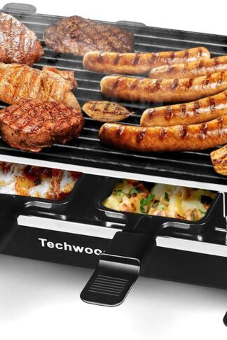 Raclette Grill, Techwood Electric Table Indoor Grill Korean BBQ Grill, Removable 2-in-1 Non-Stick Grill Plate, 1500W Fast Heating with 8 Cheese Melt Pans, Ideal for Parties and Family Fun