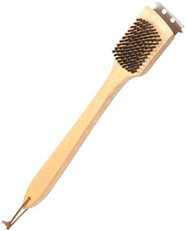 Rocky Mountain Goods Wooden Handle Grill Brush with Scraper - Long Solid Wood Handle - Stainless Steel Bristles - Non Scratch BBQ Grill Brush - Works for All Grill Types - Leather Hang Loop