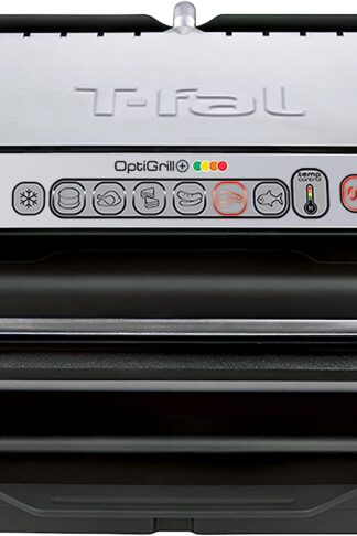 T-Fal OptiGrill Stainless Steel Electric Grill 4 Servings 6 Intelligent Automatic Cooking Modes 1800 Watts Nonstick Removable Plates, Dishwasher Safe, Indoor, Frozen Food