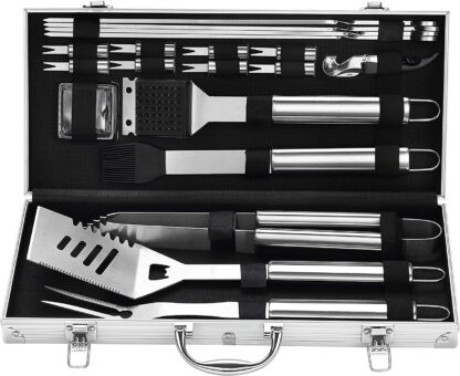grilljoy 20PCS Heavy Duty BBQ Grill Tools Set - Extra Thick Stainless Steel Spatula, Fork& Tongs. Complete Barbecue Accessories Kit in Aluminum Storage Case - Perfect Grill Gifts for Men