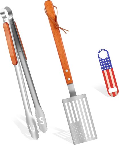 kimlenbo American Flag Style Heavy Duty Stainless Steel 3-Piece BBQ Grilling Tool Set - Spatula & Tongs & Bottle Opener