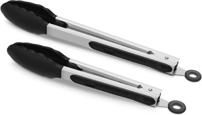 2 Pack Black Kitchen Tongs, 9-Inch and 12-Inch Premium Silicone BPA Free Non-Stick Stainless Steel BBQ Cooking Grilling Locking Food Tongs