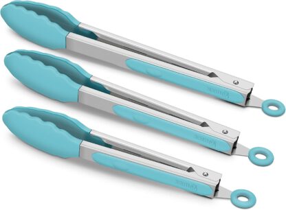3 Pack Aqua Sky Kitchen Tongs, Premium Silicone BPA Free Non-Stick Stainless Steel BBQ Cooking Grilling Locking Food Tongs, 9-Inch 10-Inch & 12-Inch