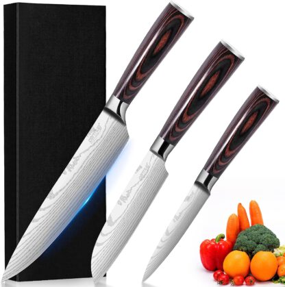 3Pcs Professional Chef Knife Set, German High Carbon Stainless Steel Chef Knife Santoku Knife Paring Knife with Pakkawood Handle and Gift Box