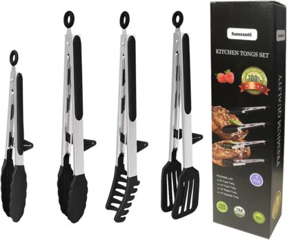 4 Pack Silicone Kitchen Cooking Tongs Set, Stainless Steel Nonstick Food Tong with BPA Free Silicone Tips for Serving Pasta Spaghetti Steak Pie Pizza Salad Vegetable Fruit Grilling BBQ Buffet 9 Inch & 12 Inches