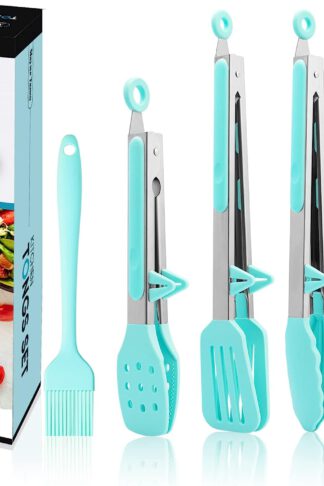 5-Pack Silicone Tongs for Cooking, 4PCS 13-Inch Cooking Kitchen Tongs with Silicone Tips, Nonstick Stainless Steel Tongs for Steak Pie Pizza Pasta Spaghetti Salad BBQ Buffet, Plus Brush