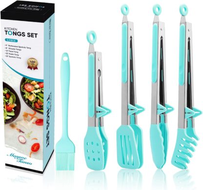 5-Pack Silicone Tongs for Cooking, 4PCS 13-Inch Cooking Kitchen Tongs with Silicone Tips, Nonstick Stainless Steel Tongs for Steak Pie Pizza Pasta Spaghetti Salad BBQ Buffet, Plus Brush