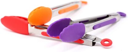 7-Inch Mini Silicone Kitchen Stainless Steel Tongs - Set of 3 (Red, Orange, Purple) - Mini Tongs for Serving Food, Cooking, Salad and Grilling