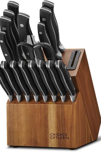 Insignia Triple Rivet Poly (18-PC) Kitchen Knife Block Set With Wooden Block & Built-In Sharpener, Black Ergonomic Handles and Sharp Stainless Steel Professional Chef Knife Set