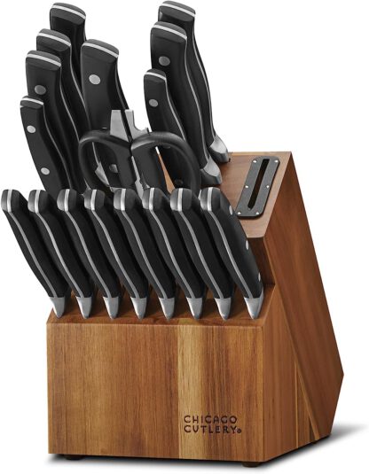 Insignia Triple Rivet Poly (18-PC) Kitchen Knife Block Set With Wooden Block & Built-In Sharpener, Black Ergonomic Handles and Sharp Stainless Steel Professional Chef Knife Set