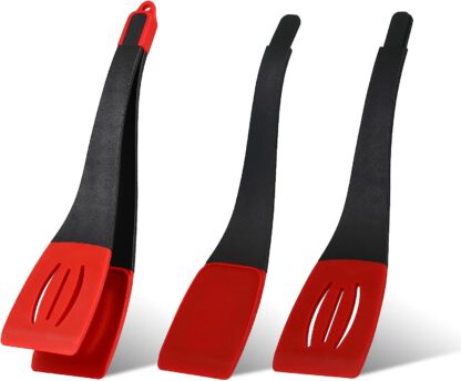 3 in 1 Kitchen Silicone Spatula Tongs For Cooking Serving Heat Resistant Detachable Flexible Flipping Clip Multipurpose BBQ Food Clamp Slotted Spatula And Turner For Meat Fish Egg Pasta Steak