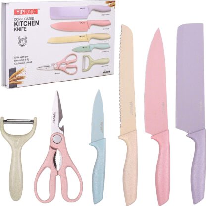 Colorful Knife Set for 6 Pieces, High Carbon Steel Kitchen Knife Set, Environmental Wheat Straw Material Handle, Sharp All-purpose Professional Chef Knife with Gift Box YIPFUNG
