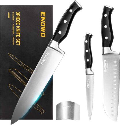 Ultra Sharp Chef Knife Set 3 Piece, Kitchen Knives, High Carbon Stainless Steel Chef Knife, Santoku Knife & Utility Knife, Ergonomic Handle, Finger Guard & Gift Box
