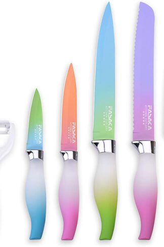 6 Piece Colorful Knife Set, 5 Kitchen Knives with 1 Peeler, Non-Stick Stainless Steel Chef Knife Set, Rainbow Knives with Round PP Handle, Display with Gift Box