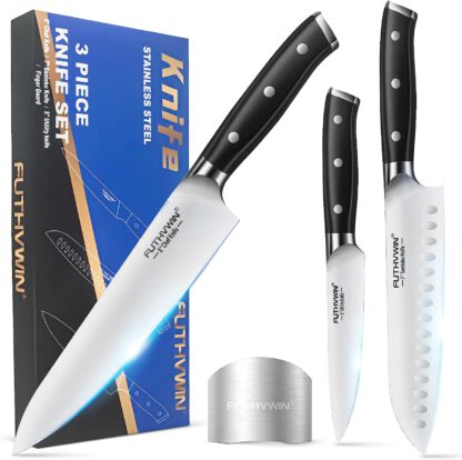 FUTHVWIN Chef Knife Ultra Sharp Kitchen Knives 3 PCS, Premium German Stainless Steel Knives Set and Finger Guard, Chef Knives Professional Set for Kitchen, Ergonomic Handle and Gift Box