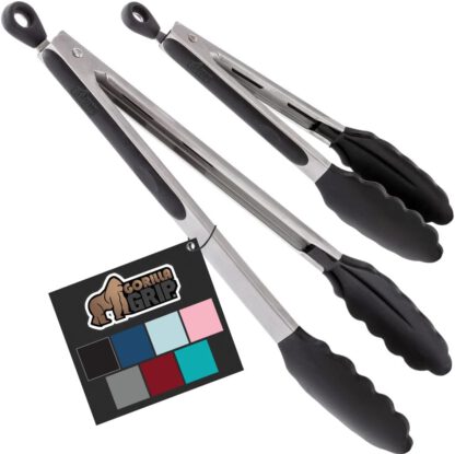 Set of 2 Extra Strong Stainless Steel and Silicone BPA Free Tongs, 9 and 12 Inch, BBQ Grilling Kitchen Tong with Non Scratch Tip for Nonstick Cooking Pans, Grill Serving Salad Food, Black