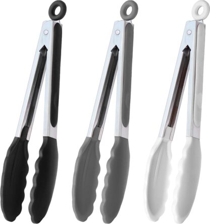 9-Inch Kitchen Cooking Tongs with Silicone Tips, Set of 3 (Black White Gray)