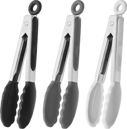 Small Silicone Tongs 7-Inch Mini Serving Tongs, Set of 3 (Black Gray White)