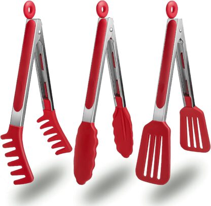 3 Pack Kitchen Tongs (9 Inches), Non Stick Stainless Steel Tongs With Silicone Tip for Cooking BBQ Baking (Red)
