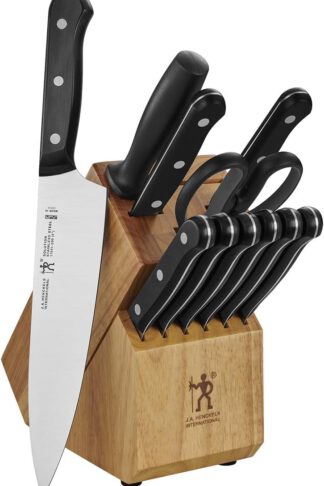 6 Steak Knives, Pairing Knife, International Solution 12-pc Knife Block Set - Natural, Utility Knife, Chef's Knife, Sharpening Steel & Kitchen Shears