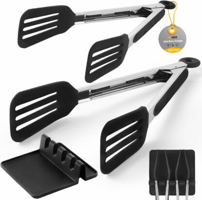 Silicone Kitchen Tongs with Rest Pad, Flat Tongs for Serving Fish Steak BBQ, Premium Stainless Steel Spatula Tongs for Cooking 9-inch and 12-inch, Dishwasher Safe & BPA-free, Black