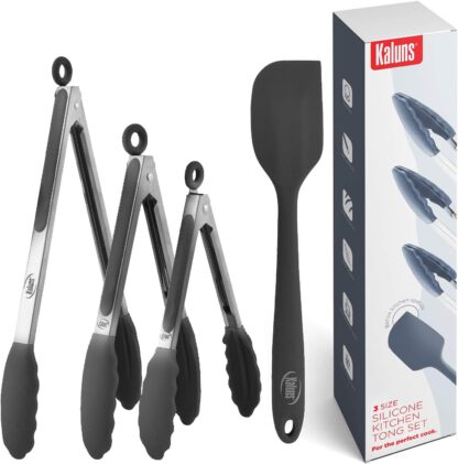 Non Stick Silicone Tip Stainless Steel Tongs, Kitchen Tongs for Cooking, Set of Four 7, 9, and 12 Inch Tong Plus Silicone Spatula Non-stick, Heat Resistant Serving Utensils